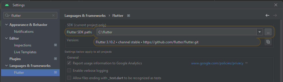 Recorte do Android Studio com as configurações do Flutter