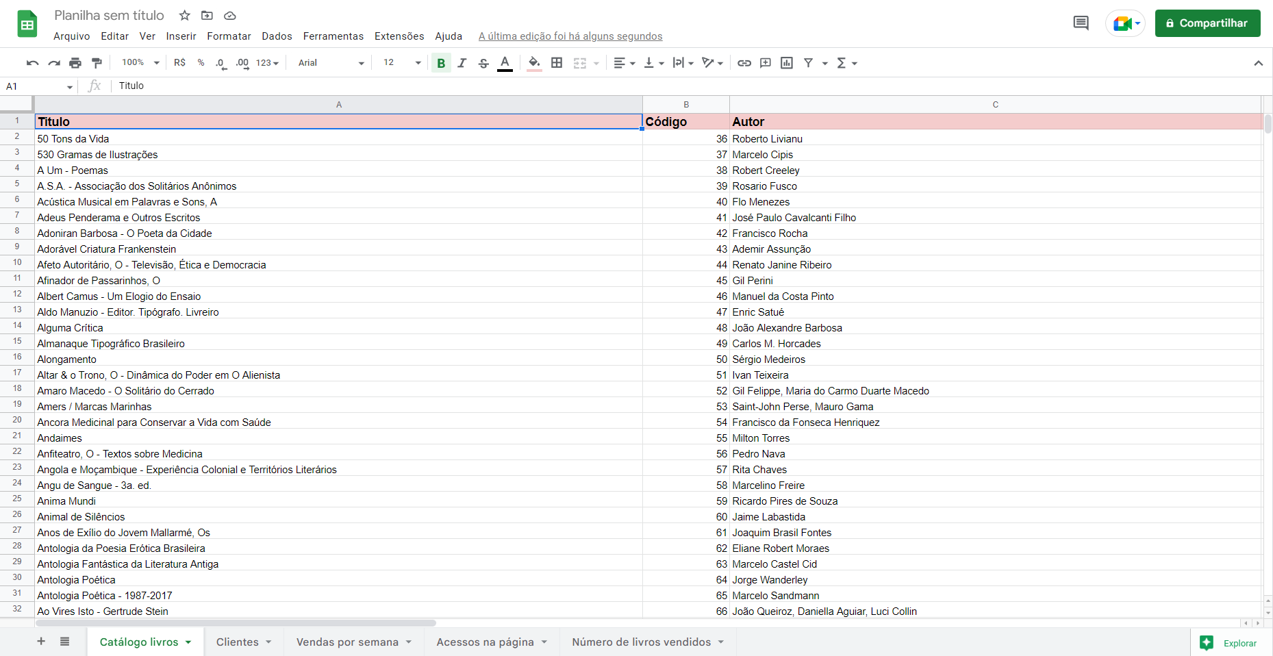 Captura de tela do Google Sheets mostrando a planilha com os dados do cursos já importados