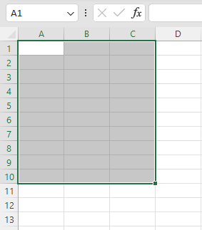 Captura de tela, em recorte, do Microsoft Excel. Na imagem, uma seleção de células que vai de A1 até C10