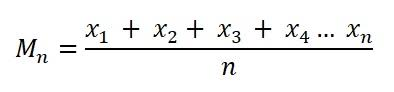 Fórmula para calcular a média. No lado esquerdo da equação, temos a letra M com subscrito N, e ao lado direito, uma fração com uma soma de termos x no numerador, e com denominador N.