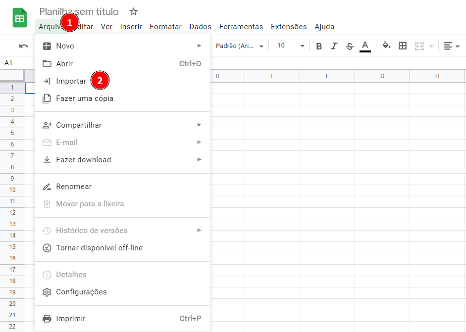 Captura de tela do Google Sheets. Na imagem, é mostrada uma seção do canto superior esquerdo do software, onde existem indicações para abrir a primeira opção de menu, da esquerda para direita, chamada "Arquivo", e outra indicação para clicar na terceira opção de cima para baixo, chamada "Importar"