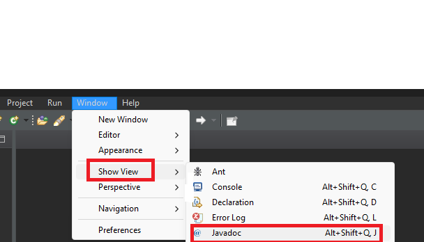 Captura de tela de parte do Eclipse. Há as partes Project, Run, Window e Help. A opção Window está selecionada, em azul. Logo abaixo dela há um menu com várias opções, e a opção show View está destacada com um retângulo vermelho a seu redor. À direita dessa menu, há um outro menu com outras opções, e a opção Javadoc está marcada com um retângulo vermelho ao seu redor.