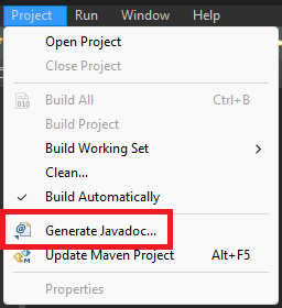 Captura de tela de parte do Eclipse. Há as partes Project, Run, Window e Help. A opção Project está selecionada em azul e ela gera um menu, em que a opção Generate Javadoc está em destaque, com um retângulo vermelho a seu redor.