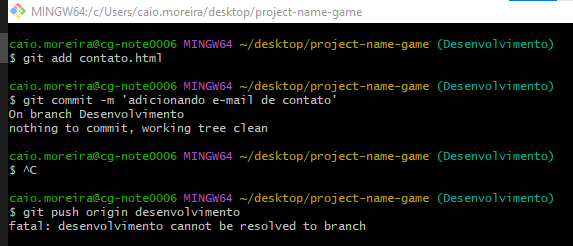 fatal: desenvolvimento cannot be resolved to branch
