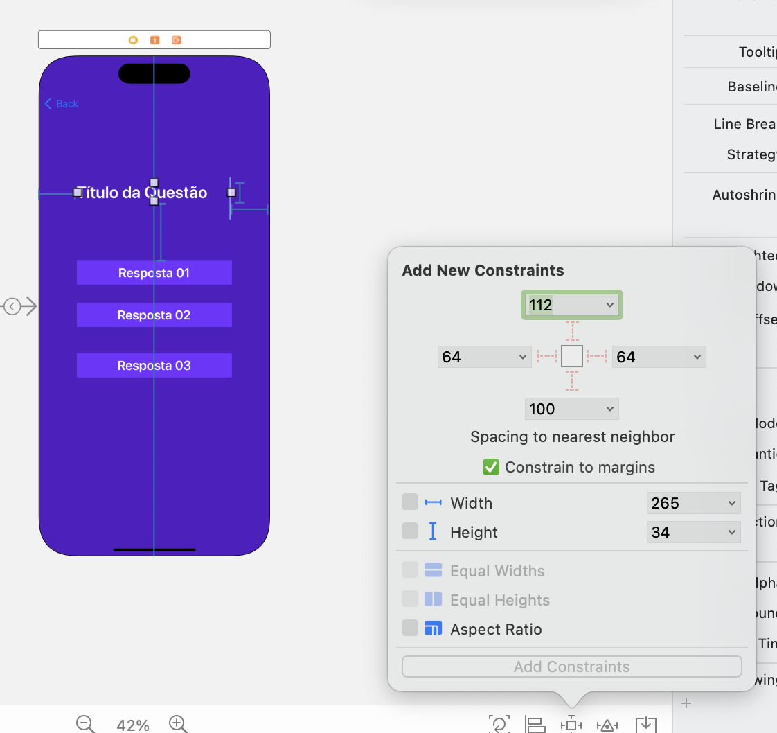 Tela no storyboard com o detalhamento das constraints