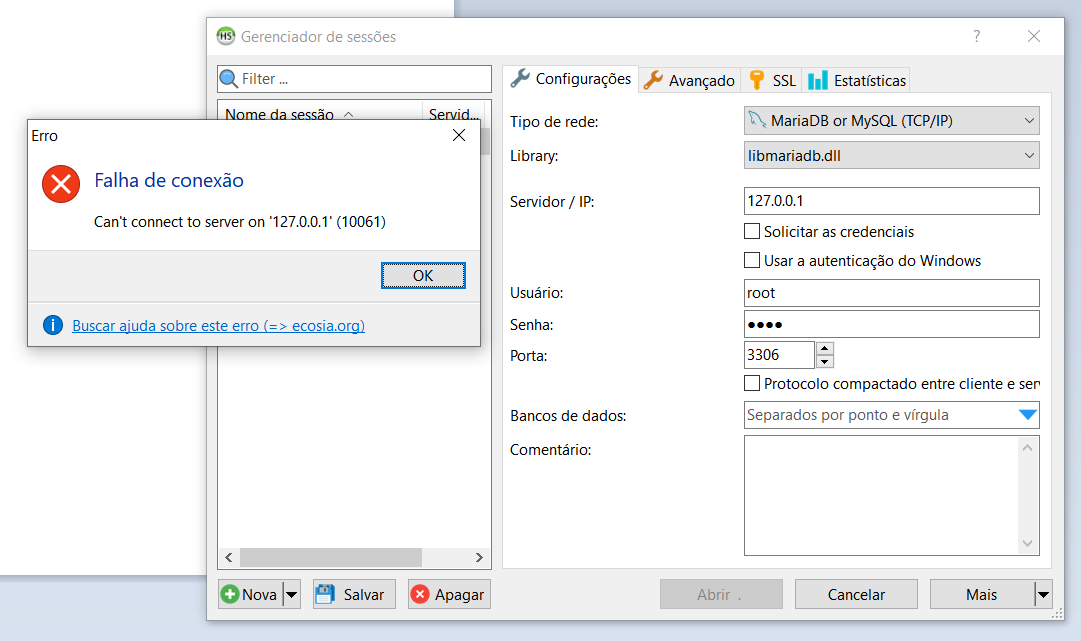 imagem de erro ao abrir o heidisql, erro '127.0.0.1'