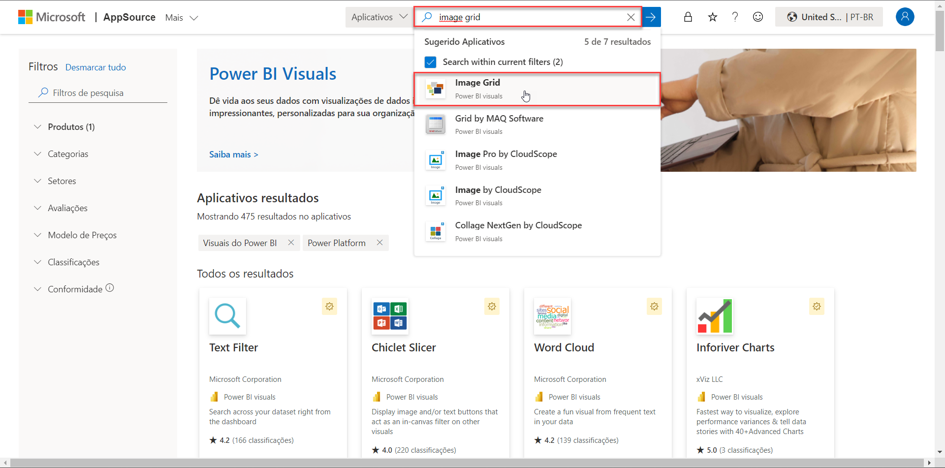 Captura de tela da tela inicial do appsource, com o Image Grid na barra de pesquisas.