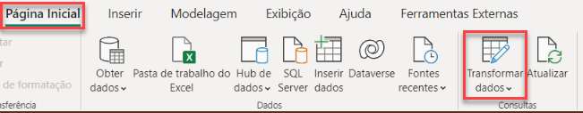 Captura de tela da barra de ferramentas do Power BI, com destaque para a aba de Página Inicial, na seção de Consultas, para o botão de Transformar dados.