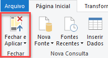 Captura de tela do botão de Fechar e Aplicar, na barra de opções do Editor do Power Query.