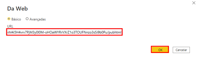 Imagem da janela onde inserimos a URL do conteúdo da Web que queremos importar, com fundo branco. Acima temos o título da janela, Da Web. Mais abaixo, temos as opções de Básico e Avançadas, em que a de Básico está selecionada. Logo abaixo dessas opções, temos o campo para inserção da URL, que está destacada com um retângulo vermelho. No canto inferior direito, temos os botões de OK, com fundo amarelo, que também está destacado com um retângulo vermelho, e o de Cancelar, com fundo branco