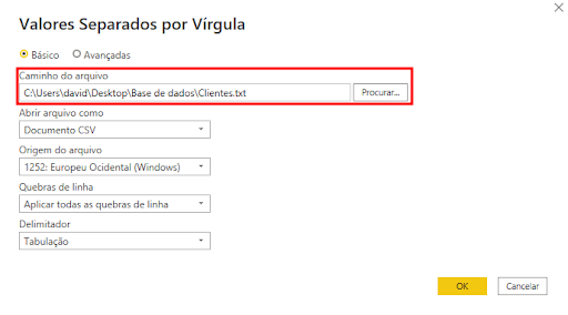 Imagem de uma tela de configuração da fonte de dados, com título Valores Separados por Vírgula, com fundo branco. Nela, temos várias opções, sendo a primeira para o Caminho do arquivo, em que consta o caminho da fonte de dado atual, além de possuir um botão Procurar à sua direita. Esta opção está destacada com um retângulo vermelho. No canto inferior direito, temos os botões de OK, com fundo amarelo, e o botão de Cancelar, com fundo branco