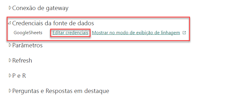 Captura de tela da opção Credenciais da Fonte de Dados e o botão para Editar Credenciais.