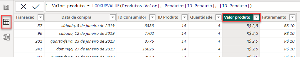 Captura de tela da área de Dados do Power BI, contendo uma tabela e seus registros.