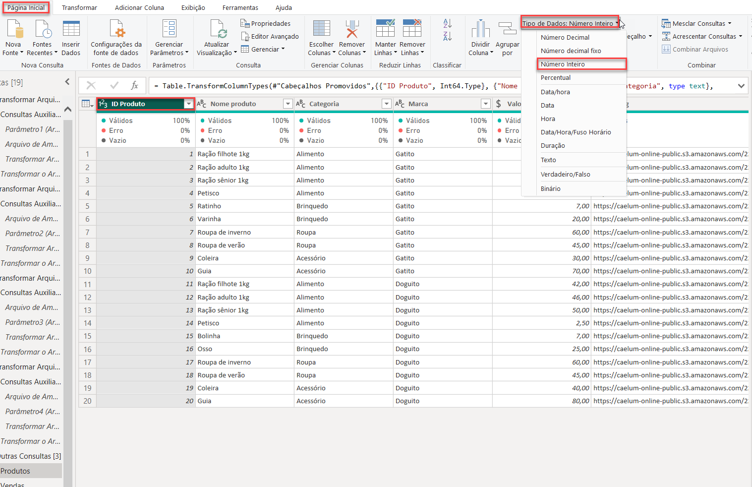 Captura de tela do Power Query, evidenciando a aba de Página Inicial, na seção de Transformar, no campo de Tipo de dados. Na tela, estamos apresentando a tabela de Produtos.