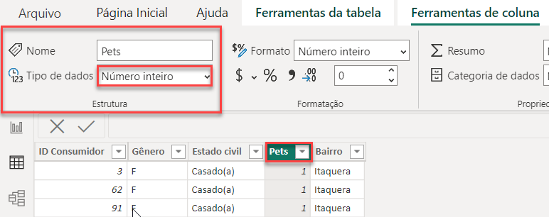 Captura de tela da aba de Dados, com a tabela de Clientes sendo exibida