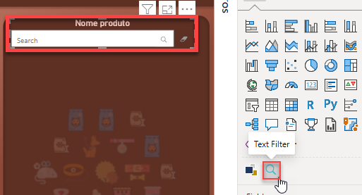 Captura de tela da barra de pesquisa de Nome produto, com a utilização do visual de Text Filter.