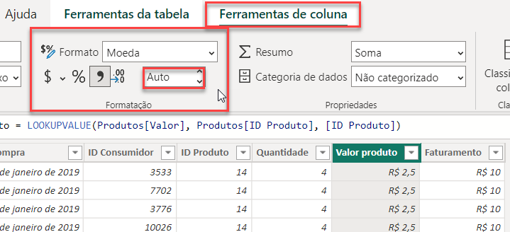 Captura de tela da barra de ferramentas do Power BI, com destaque para a aba de Ferramenta de coluna e para a seção de Formatação, onde se encontra o campo para alteração do número de casas decimais