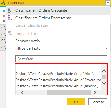 Captura de tela das informações da coluna Folder Path. Abaixo, temos os caminhos das subpastas