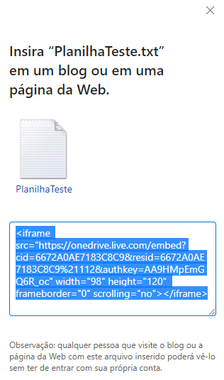 Captura de tela de uma janela mostrando o código iframe para inserir em conteúdo da internet.
