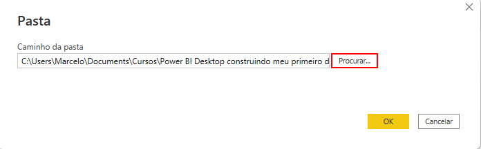 Imagem de uma tela de configuração da fonte de dados, com título Pasta, com fundo branco. Nela, temos o caminho da pasta, em que consta o caminho da fonte de dado atual, além de possuir um botão Procurar à sua direita. Esta opção está destacada com um retângulo vermelho. No canto inferior direito, temos os botões de OK, com fundo amarelo, e o botão de Cancelar, com fundo branco