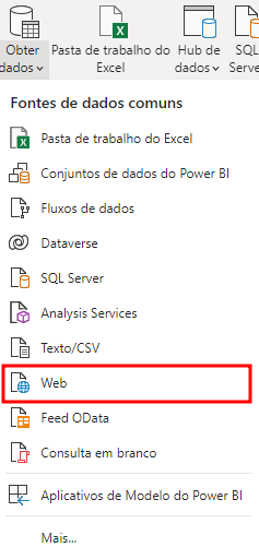 Imagem da janela com opções de fontes de dados, com fundo branco. Acima, temos as opções da Página Inicial, entre elas, a de Obter Dados. Abaixo, temos as opções mais comuns de fontes de dados e, em destaque com um retângulo vermelho, temos a opções Web