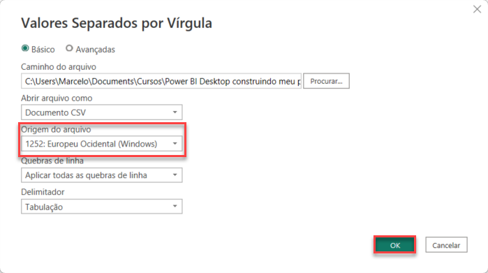 Captura de tela da janela de configuração de arquivo CSV, com destaque para a opção de Origem do arquivo.