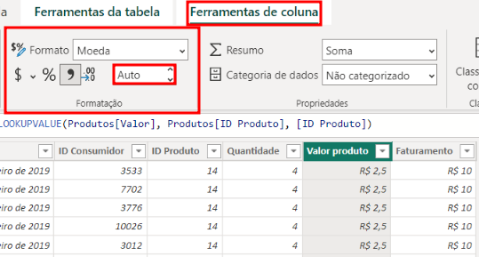 Captura de tela da barra de ferramentas do Power BI, na seção de Ferramentas de coluna, com destaque para a área de Formatação.