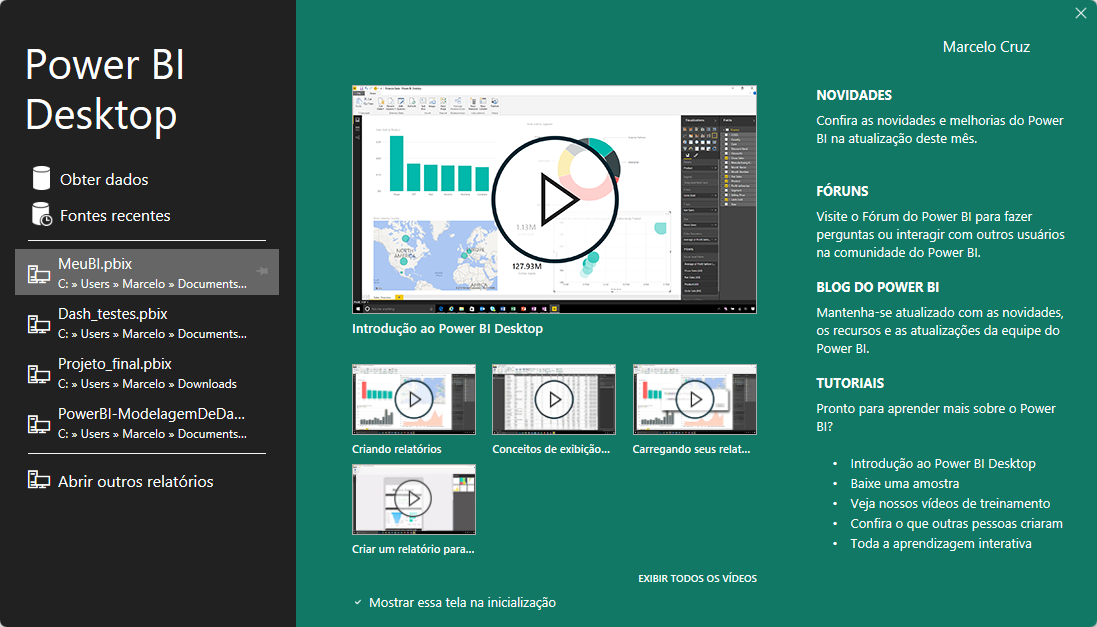 Captura de tela da janela de inicialização do Power BI, contendo os projetos salvos para serem abertos.