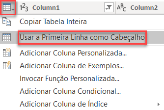 Captura de tela da configuração da tabela, com destaque para a opção de Usar a primeira linha como cabeçalho.