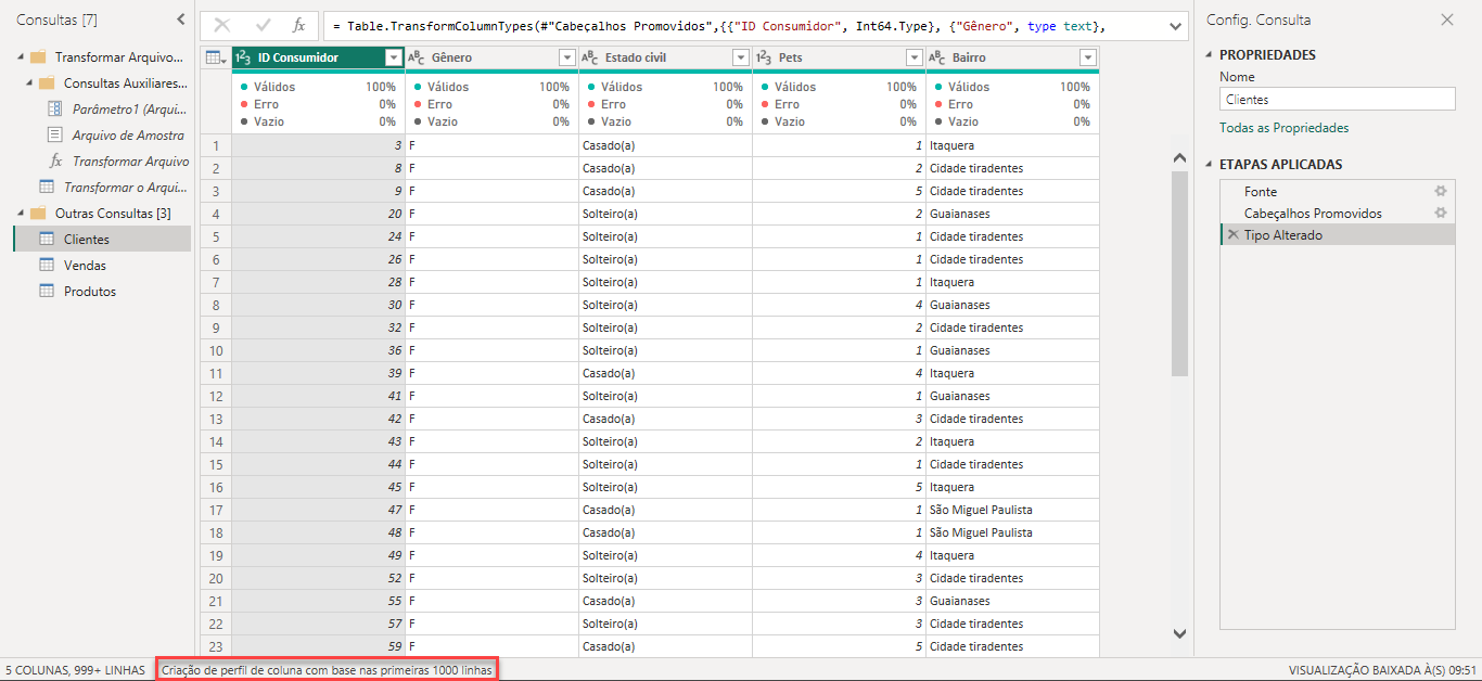 Captura de tela do Editor do Power Query, evidenciando a tabela de Clientes, com destaque para a opção de filtragem no canto inferior esquerdo