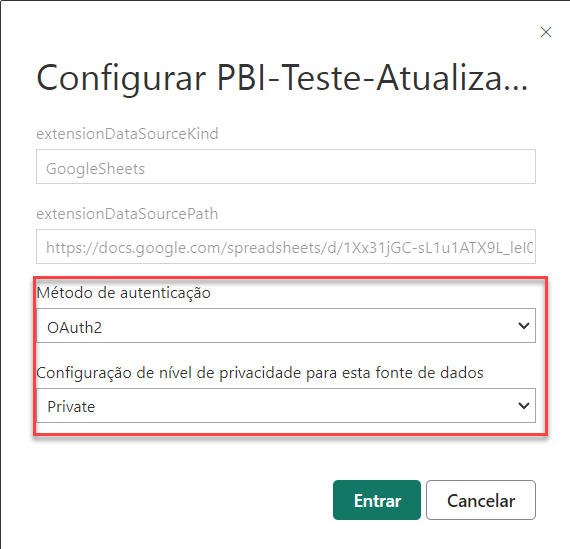 Captura de tela da janela de configuração de credenciais da fonte de dados.