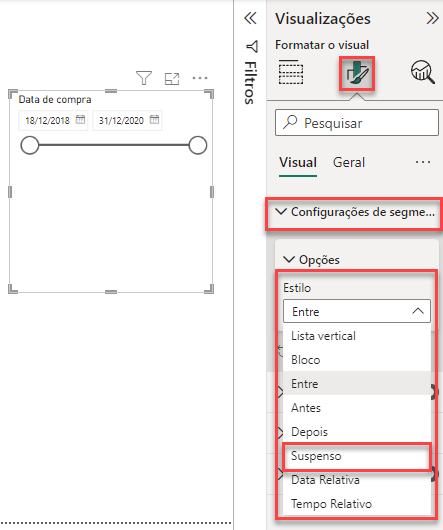 Captura de tela da opção de Formatar o visual, com destaque para a opção de Configurações de segmentação.