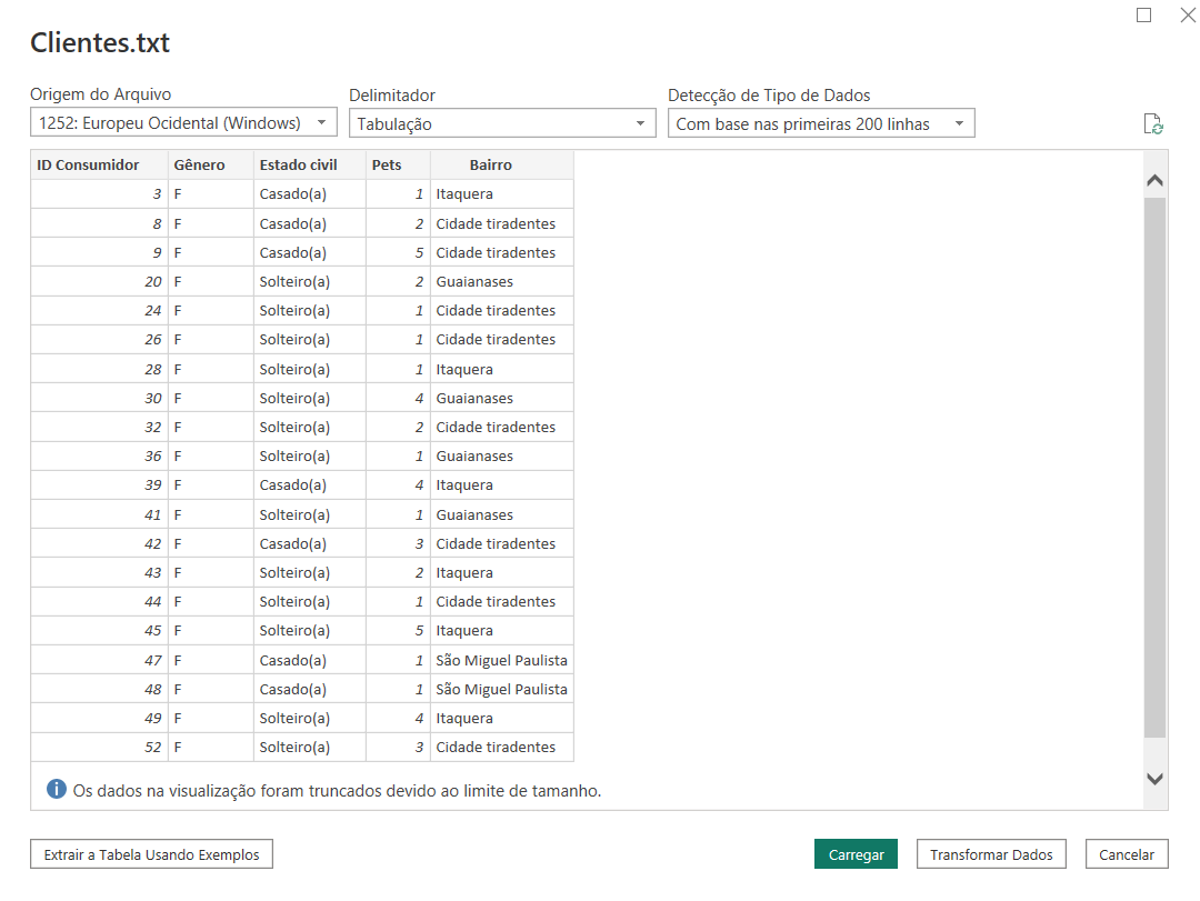 Captura de tela da prévia da importação do arquivo txt de Clientes, contendo suas colunas e seus registros.