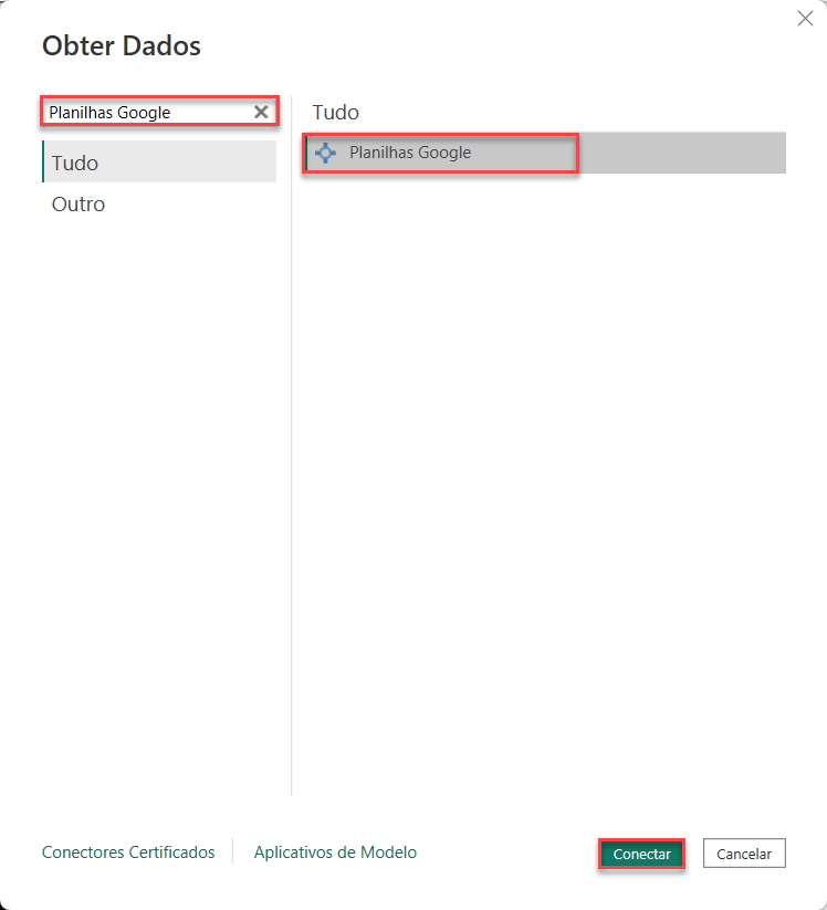 Captura de tela da opção de Planilhas Google na janela de Obter Dados do Power BI.