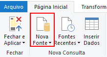 Captura de tela da barra de opções do Power Query, com fundo claro. nela, estamos na aba de Página Inicial, na seção de Nova Consulta, com destaque para a opção de Nova Fonte, destacada com um retângulo vermelho.