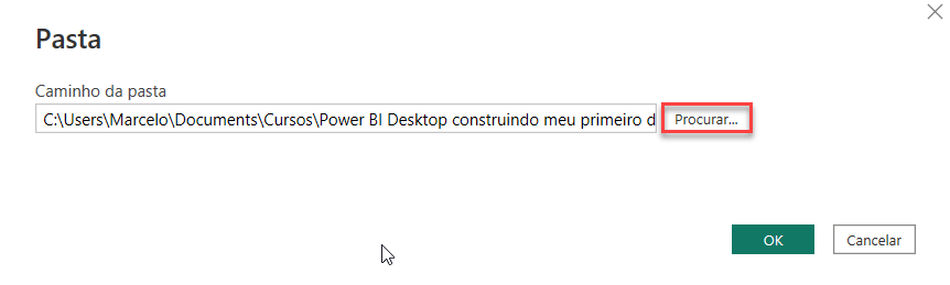 Imagem de uma tela de configuração da fonte de dados, com fundo branco. Nela, temos  o campo para o Caminho da pasta,  além de possuir um botão Procurar à sua direita. Esta opção está destacada com um retângulo vermelho. No canto inferior direito, temos os botões de OK, com fundo amarelo, e o botão de Cancelar, com fundo branco