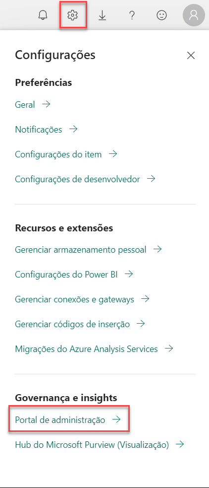 Captura de tela da opção de Configuração, especificamente Portal de administração