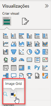 Captura de tela do menu lateral de Visualizações do Power BI, com destaque para o ícone do Image Grid.