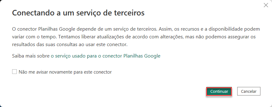 Captura de tela do aviso sobre a conexão com o Planilhas Google.