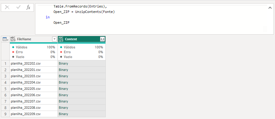 Captura de tela da caixa de função do Power Query, em que temos, no topo, uma função sendo executada e uma tabela de duas colunas como retorno logo abaixo.