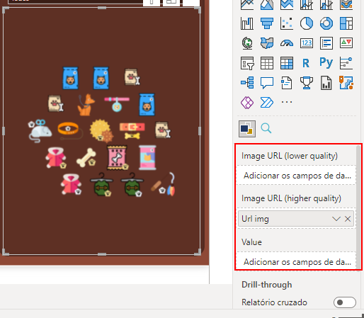 Captura de tela dos campos de inserção de elementos do visual de imagens do dashboard, contendo o campo Image URL com o elemento Url img. À esquerda temos o visual contendo os desenhos dos produtos.