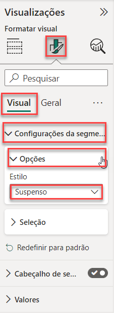 Captura de tela do visual de marca e sua configuração de visual, com a configuração de segmentação aberta, destacando o campo de opções e estilo