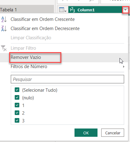 Captura de tela da configuração da coluna, com destaque para a opção de Remover Vazios.