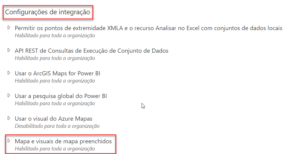 Captura de tela da seção de Configurações de integração, com destaque para a opção de Mapa e visuais de mapa preenchidos