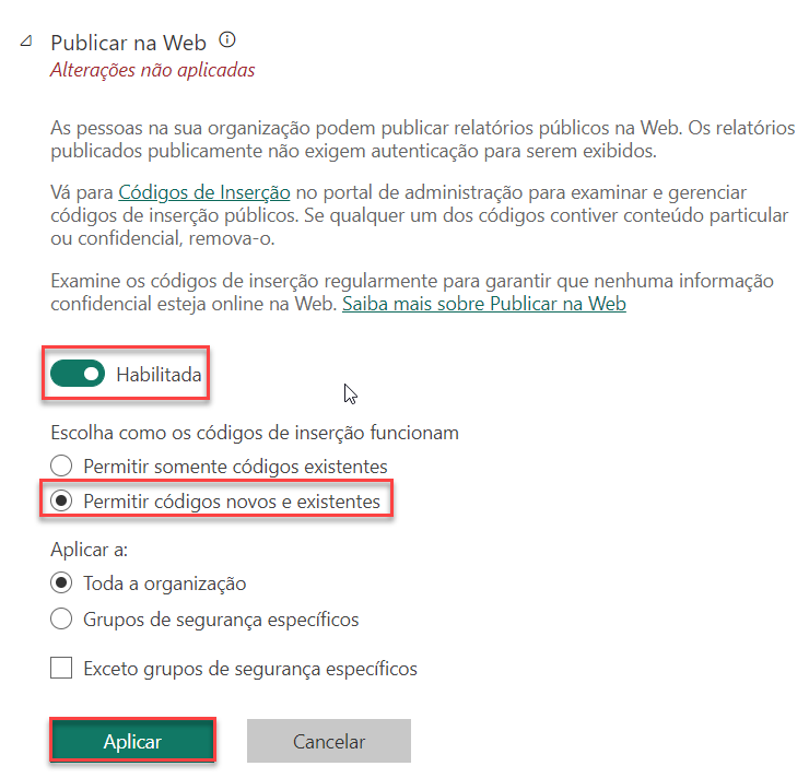 Captura de tela da seção de opção de Publicar na Web, que está habilitada