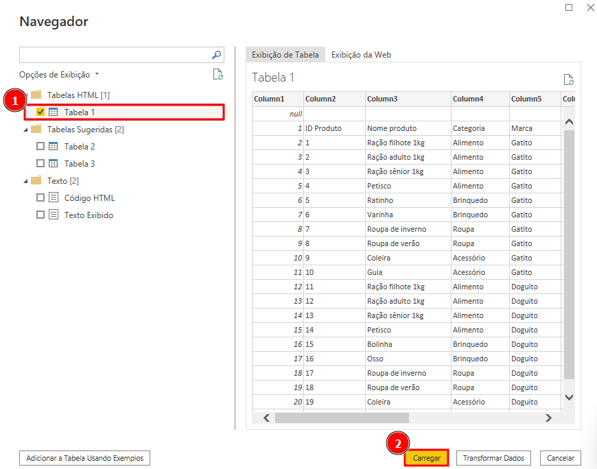 Imagem do Navegador de dados importados, com fundo branco. Nele, temos, à esquerda, as opções de exibições, que contém algumas tabelas, com destaque para a Tabela 1, que está envolva em um retângulo vermelho e com uma bola vermelha com o número 1. À direita, temos a prévia da tabela selecionada, que nesse caso é a Tabela 1. No canto inferior direito, temos os botões de Carregar, que contém um fundo amarelo e está destacado com um retângulo vermelho e uma bola com o número 2, seguido dos botões de Transformar Dados e Cancelar, ambos com fundo branco.