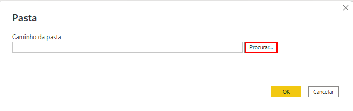 Captura de tela da janela chamada Pasta, com fundo claro. Nela, temos o local para o caminho da pasta, com o botão de Procurar à sua direita, destacado com um retângulo vermelho. Abaixo, temos os botões de OK e Cancelar.