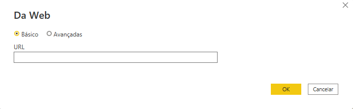 Imagem da janela onde inserimos a URL do conteúdo da Web que queremos importar, com fundo branco. Acima temos o título da janela, Da Web. Mais abaixo, temos as opções de Básico e Avançadas, em que a de Básico está selecionada. Logo abaixo dessas opções, temos o campo para inserção da URL. No canto inferior direito, temos os botões de OK, com fundo amarelo, e o de Cancelar, com fundo branco