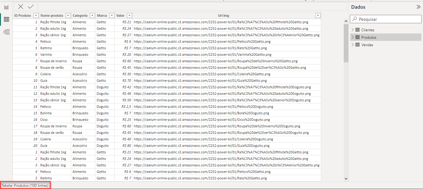 Captura de tela da página de Exibição de dados do Power BI, contendo a tabela de Produtos, com suas colunas e linhas.