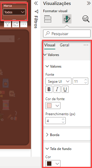 Captura de tela do filtro de Marca, com destaque para as suas configurações de Visual.